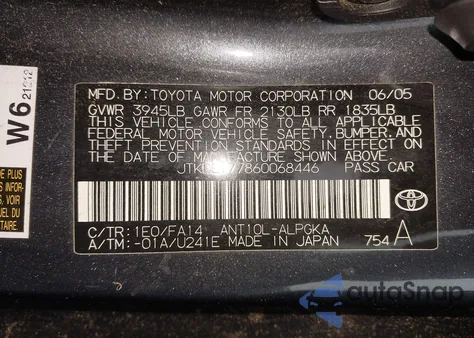 2006 Scion Tc from USA, damaged, VIN JTKDE177860068446